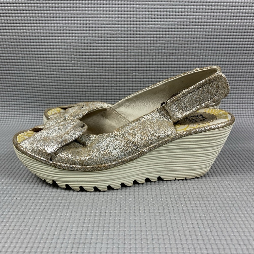 Fly London Yakin Rose Gold Glittery Peep Toe Slingback Wedge Sandal Womens 37